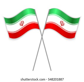 Two Iranian crossed flags. Combined Iran isolated on white. Language learning, international business or travel concept.