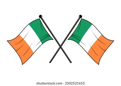 Two Ireland flags with flagpoles in a crossed position fluttered and waved. Editable and scalable vector graphic illustration isolated on white background eps file.