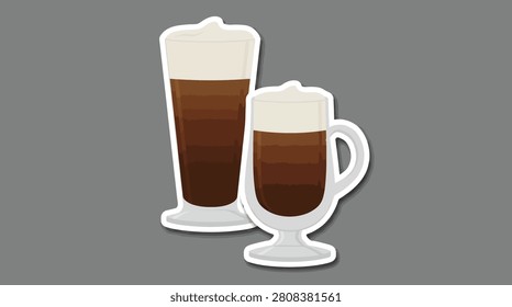 Two Irish coffee glasses filled with dark coffee and topped with thick cream, isolated on a solid grey background. Vector graphic illustration.