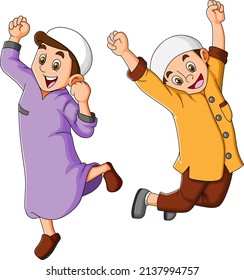 The two islamic young boy is jumping with the happy expression of illustration