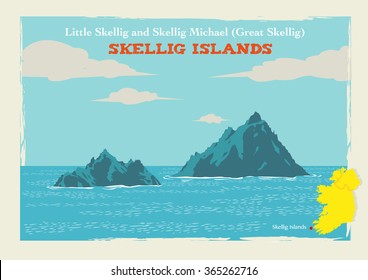 Two Islands called Skellig Michael or Great Skellig and Little Skellig in Country Kerry, Ireland. Editable Clip Art. 
