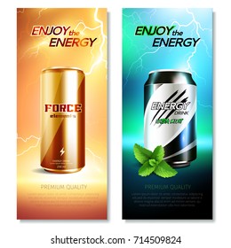 Two isolated aluminum cans drinks vertical banner set with enjoy the energy descriptions vector illustration