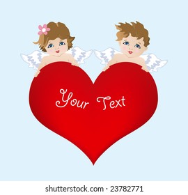 two isolated angels cupids girl and boy with red gradient love heart for valentine celebration