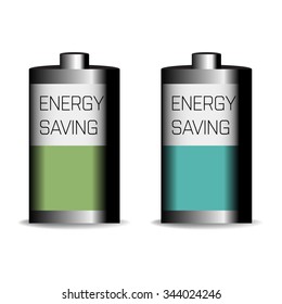 Two isolated batteries with the text energy saving written on each battery