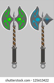 Two isolated battle axes on a light gray background. One is double-edged ax, other has one blade.