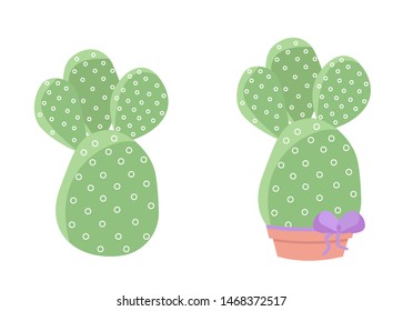 Two isolated cactus on white background. Cute succulent Opuntia in a pot. Vector illustration. Print cactus collection.