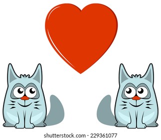 two isolated cats with big red heart