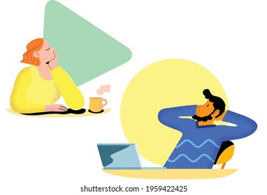 Two isolated characters relaxing at their desk. Isolated flat vector illustrations. Pensive woman sitting at her desk with a mug. Pensive man at his desk in front of his laptop.Characters thinking.
