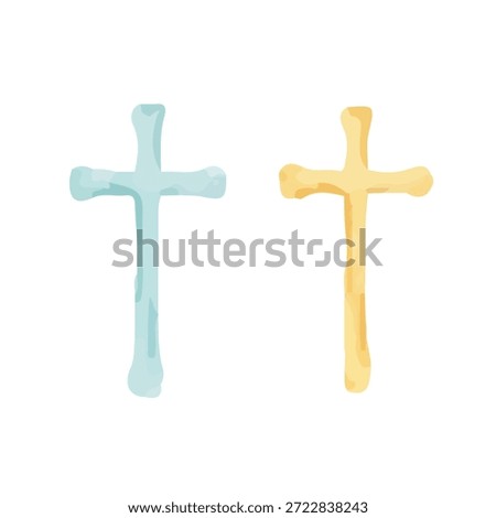 Two isolated Christian crosses on a white background, for Easter, hand drawn with blue and yellow watercolor, simple and clean design, Vector