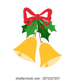 Two Isolated Christmas Bells with bow and leaves holly, Vector illustration isolated on white background in flat style