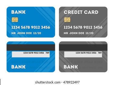 Two isolated credit cards. Silver and blue credit or debit plastic cards on white background. Two sides of card. Shopping with credit card.