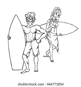 Two isolated from each other concept of surfers - a man and a woman. Black and white vector illustration isolated on white background.