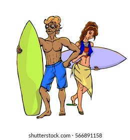 Two isolated from each other concept of surfers - a man and a woman. Color vector illustration isolated on white background.
