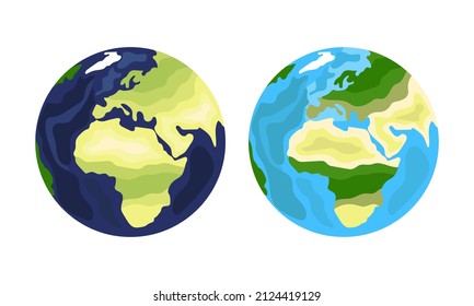 Two isolated earth globes, in dark and light colors