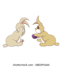 Dos conejillos aislados de Pascua y óvulos coloridos, conejos vectoriales en un fondo blanco aislado, delineó las harinas de Pascua y el huevo en forma de caricatura para postales, impresiones, pegatinas, íconos para redes sociales.