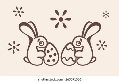 Two isolated Easter bunny keep Easter eggs