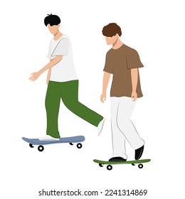 Two isolated flat vector male characters with skateboards, Skateboarding flat vector illustration on white background