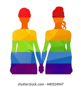 Two isolated girls silhouette with multicolored elements and heart. Lesbian couple/ Design element for flyer or greeting card. LGBT community symbol.