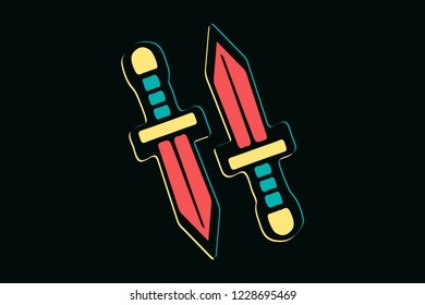 Two isolated hand drawn colorful swords on dark background, t-shirt design elements
