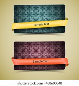Two isolated and horizontal grunge banner set in vintage style with yellow and red ribbons vector illustration