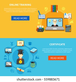 Two isolated horizontal online training banner set with online certificate description and read more button vector illustration