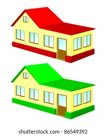 Two isolated houses on a white background. One house with the red roof, the second house with a green roof.
