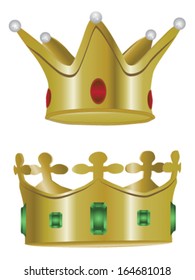 Two isolated jeweled, gold crowns from medieval times