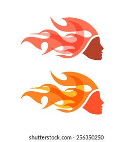 Two isolated logotypes. Woman with flame hair. Creative logo, icon or pictogram. 