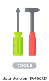 Two isolated objects on white background. Vector illustration of an isolated screwdriver and hammer. Icon for tool store icon and for construction. 