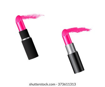 two isolated pink lipstick on white background with cosmetic trace