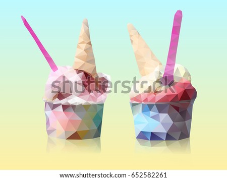 Two isolated polygonal gelate icecreames with spoons. Modern triangle geometric style. Vector illustration.