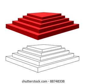 Two isolated pyramids with steps on a white background. One pyramid is executed by a contour, the second red color.