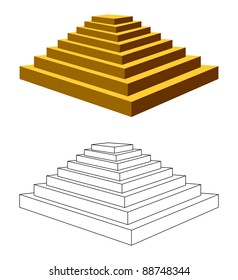Two isolated pyramids with steps on a white background. One pyramid of the brown color, the second pyramid is executed by a contour.