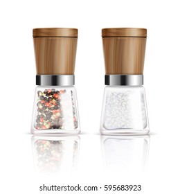 Two isolated realistic salt and pepper mill composition with glass container and wooden cover vector illustration