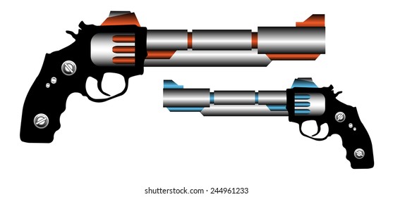 Two isolated revolvers with various metallic elements
