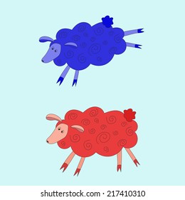 Two isolated sheep, blue and red