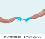 Two isolated strong men`s arms reach out to each other in medicine gloves. Parody on famous masterpiece. Vector illustration.