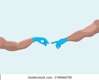 Two isolated strong men`s arms reach out to each other in medicine gloves. Parody on famous masterpiece. Vector illustration.