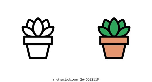 Two isolated succulent plant icons side-by-side on a white background. One is a black outline drawing, and the other is fully colored with green leaves and a brown pot.
