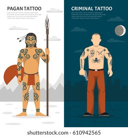 Two isolated tattoo studio vertical banner set with pagan tattoo and criminal tattoo descriptions vector illustration