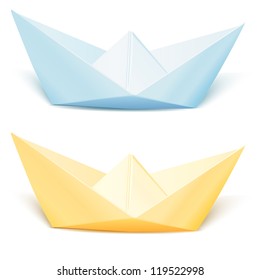 Two isolated vector paper ships: blue and yellow