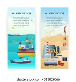 Two isolated vertical banners with sea and desert industrial cartoon scenery and decorative technics symbols flat vector illustration