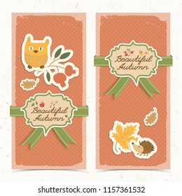 Two isolated vertical fall banners set with doodle style stickers owl with flower hedgehog with cloverleaf and decorative title vector illustration