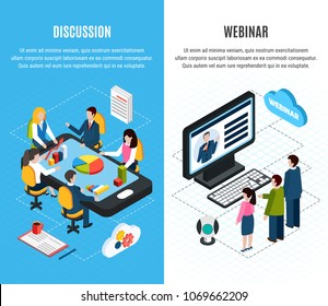 Two isolated vertical isometric webinar banner set with discussion and webinar headlines vector illustration