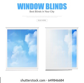 Two isolated windows elements with white vertical blinds overlooking cloudy blue sky realistic vector illustration