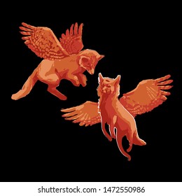 Two isolated winged foxes flying on the black background. Vector fantasy illustration drawn with rough brush in warm colors