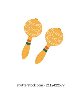 Two isolated wood maracas, cartoon vector icon. Maraca Mexican music instrument used in salsa or Cuba samba. Latin shake percussion illustration.