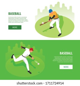 Two isometric banners set with men playing baseball 3d isolated vector illustration