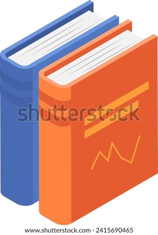 Two isometric books stand upright. Orange book with chart icon, blue book behind. Education and knowledge vector illustration.