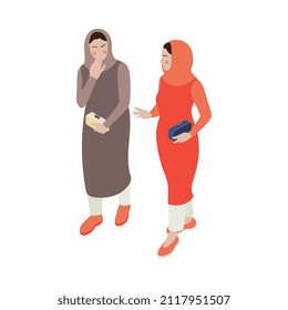 Two isometric characters of modern saudi arabian women walking with clutches and talking 3d vector illustration